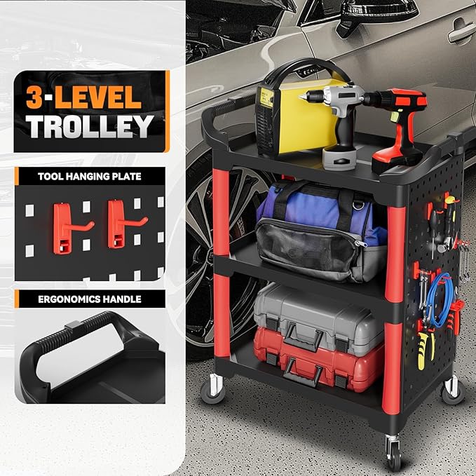 Auto Dynasty 3-Level Rolling Cart Trolley Storage Detailing Cart with Pegboard 120 kg/260 Lbs Capacity on Wheels Fits Garage, Warehouse, and Workshop Use, Black/Red