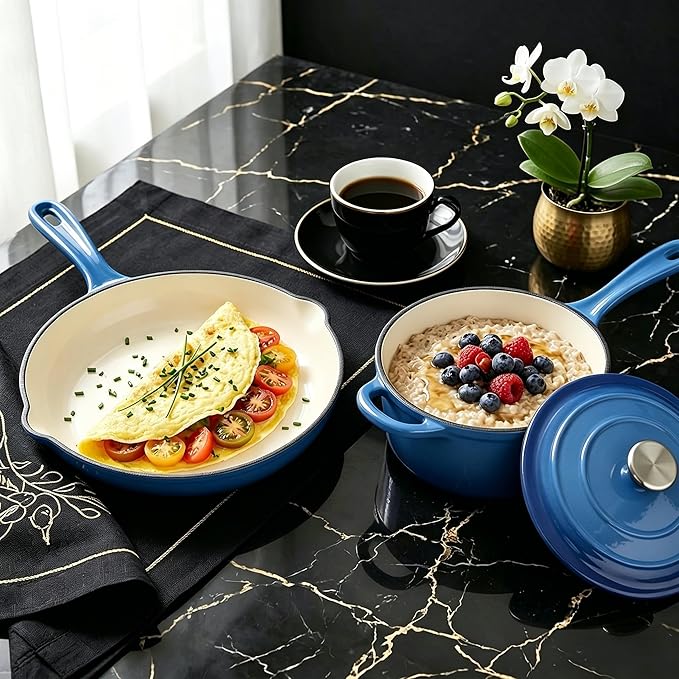 QuliMetal Enameled Cast Iron Cookware Set, 4-Piece Pots and Pans Set with Lids, 10.25" Skillet, 2QT Saucepan, 2.8QT & 4.8QT Dutch Ovens, Oven Safe to 500°F, All Stovetops Compatible - Cobalt Blue