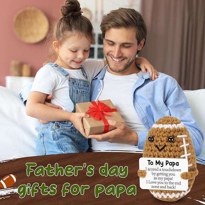 Papa Fathers Day Birthday Gifts from Daughter Son Wife, Father's Day Positive Handmade Crochet Dad Gifts, Funny Cute Small Gift for Dads, I Love You Papa Gift Idea, Unique Football Doll for Bonus Dad