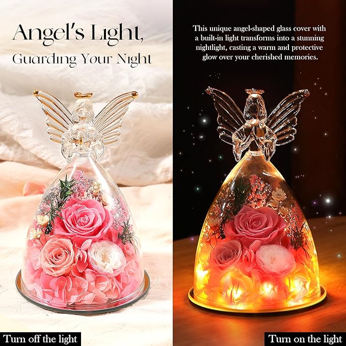 Mothers Day Roses Gifts for Mom Forever Preserved Real Roses Flowers in Glass Angel Figurines Fresh Flowers for Delivery for Grandma Women Mom Wife from Daughter/Pink