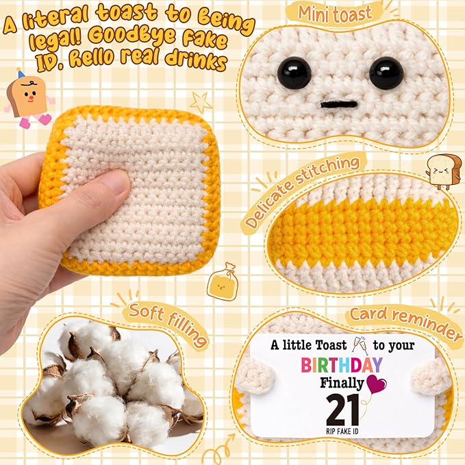 Finally 21 - Funny 21st Birthday Gift for Her Him - Crochet Toast with 'RlP Fake ID' Gag Message - Unique Adult Birthday Decor & Keepsake for Daughter, Son, Friend, Sister female Male From Mom Dad