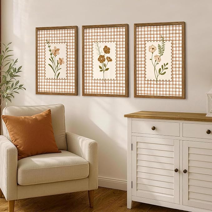JLTULT Farmhouse Botanical Wall Art Set of 3, Neutral Brown Cottagecore Floral Prints, Wood Framed Wall Decor for Bedroom Living Room Nursery Hallway, 16x24 Inches Each, Ready to Hang