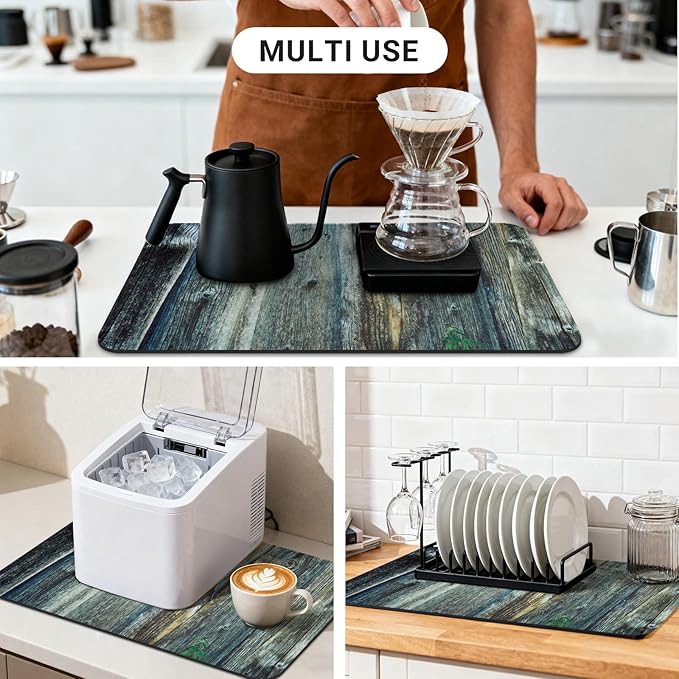Coffee Mat 32x18 Inch, Wood Grain Coffee Place Mat, Absorbent Hide Stain Rubber Backed Dish Drying Mat for Kitchen Counter, Bar Mats for Countertops, Under Coffee Bar Maker Machine Pot Espresso Staion