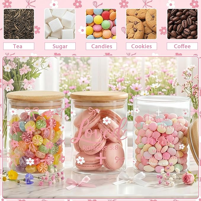 3 Pcs Pink Bow Christian Glass Storage Jars with Airtight Lids Pink Bow Candy Cookie Jars Gift Christian Bible Verse Kitchen Canister Gifts for Women Cute Coquette Religious Kitchen Containers