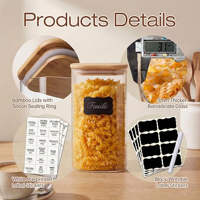 HomArtist Square Glass Jars with Bamboo Lids 17 FL OZ [Set of 12], Glass Canisters with Airtight Lids, Glass Food Storage Containers for Spice, Sugar, Tea, Candies, Cookies, Best for Kitchen & Pantry