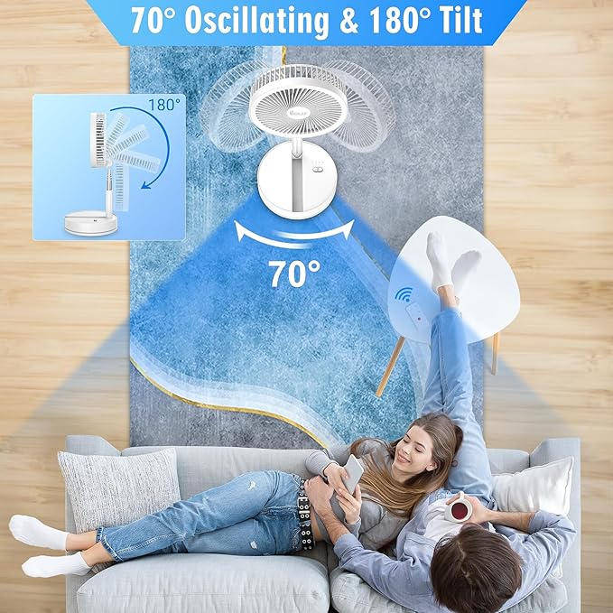 Portable Foldable Rechargeable Oscillating Fan - 8.6" 8000mah Battery Operated USB C Small Fan with Remote Quiet Table Desk Fan Folding Standing Pedestal Fan for Bedroom Rome Office Camping Travel