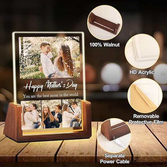 Personalized Mothers Day Birthday Gifts For Mom, Customized Moms Gifts From Daughter Son Husband, Custom Acrylic Plaque With Photo Name, Light Up Picture Frame For Mom Grandma Wife Christmas Gift