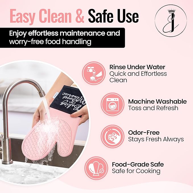 Mitts - Long Slip Resistant Pot Holders - Silicone Oven Mitts - Baking Gloves for Oven - Perfect for Baking, BBQ, Cooking, and Grilling, Oven Mitts Set of 2, 7''x13'' (Pink)