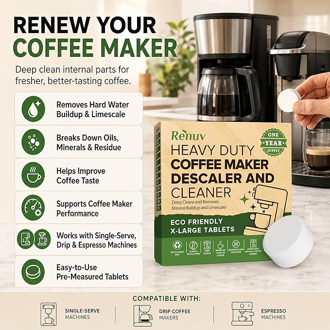 Renuv® Dishwasher Cleaner + Coffee Maker Cleaner Bundle - Heavy Duty Kitchen Appliance Deep Cleaning, Descaling, (12 Tablets of each)