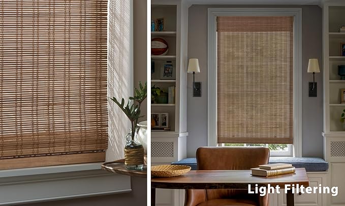 LazBlinds No Tools No Drill Cordless Bamboo Roman Shades, Light Filtering Window Treatment, Roll Up Bamboo Blinds for Windows 36'' W x 72'' H, Ceylon Light Russet