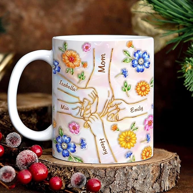 LOVELYPOD Personalized Mom Coffee Mug With Kids Names, You Hold Our Hands Also Our Hearts Mug, Coffee Cup for Mom, Mothers Day Mugs, Custom Mama Gifts, Customized Mothers Day Gifts 02