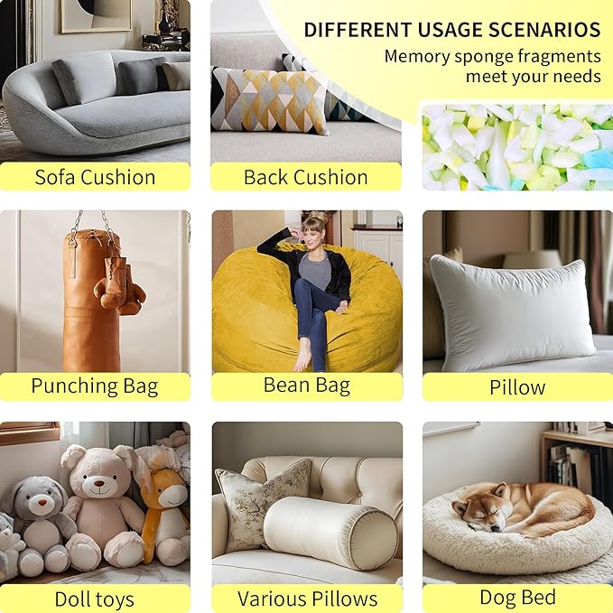 Jecqbor 40lbs Shredded Memory Foam Filling for Bean Bag Chair, Premium Beanbag Stuffing High Density Memory Foam Refill
