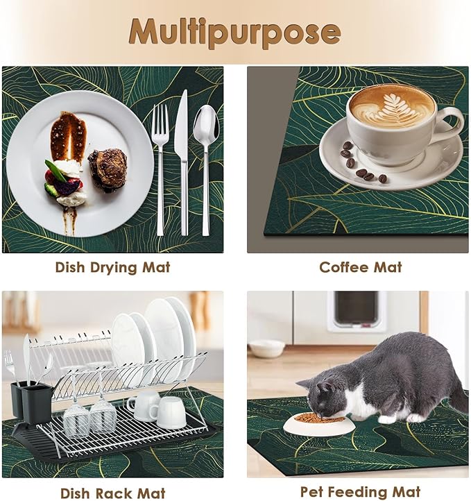 Arttown Coffee Mat for Countertop, Golden Banana Leaf Emerald Green Dish Drying Mat 2 Pcs for Kitchen Bar Accessories, Coffee Maker Espresso Machine Rubber Backed 12x19in