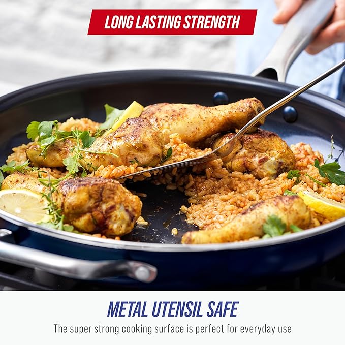Blue Diamond 14" Diamond Infused Ceramic Nonstick Frying Pan Skillet | PFAS-Free Ceramic Nonstick Jumbo Pan with Helper Handle, Dishwasher & Oven Safe, Durable Metal Utensil Safe, Egg Pan, Blue