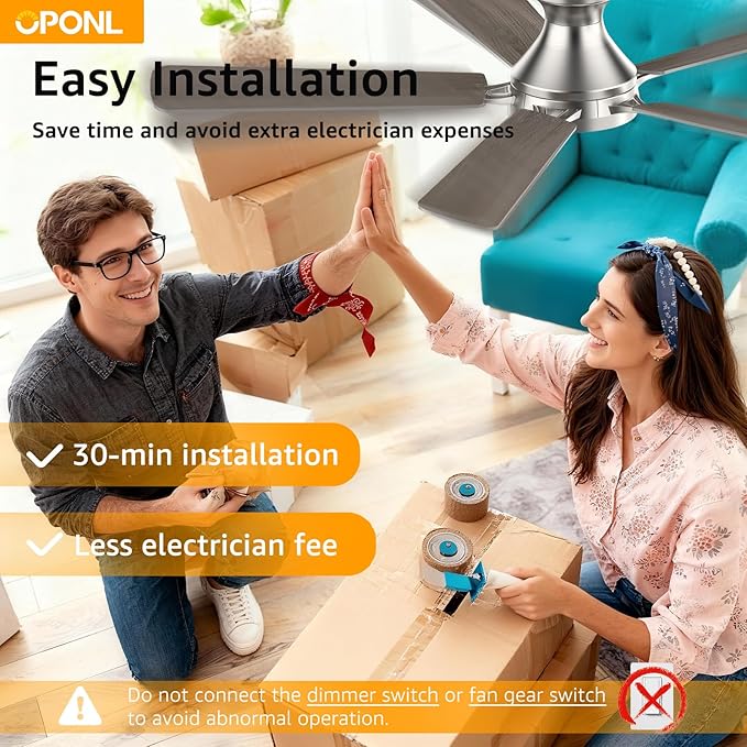 OPONL 52 Inch Nickel Ceiling Fan with Light, Remote Control, Low Profile, Noiseless, Reversible, Dimmable, Timeable, Metal Housing, Flush Mount Ceiling Fans with Lights for Bedroom, Indoor/Outdoor Use
