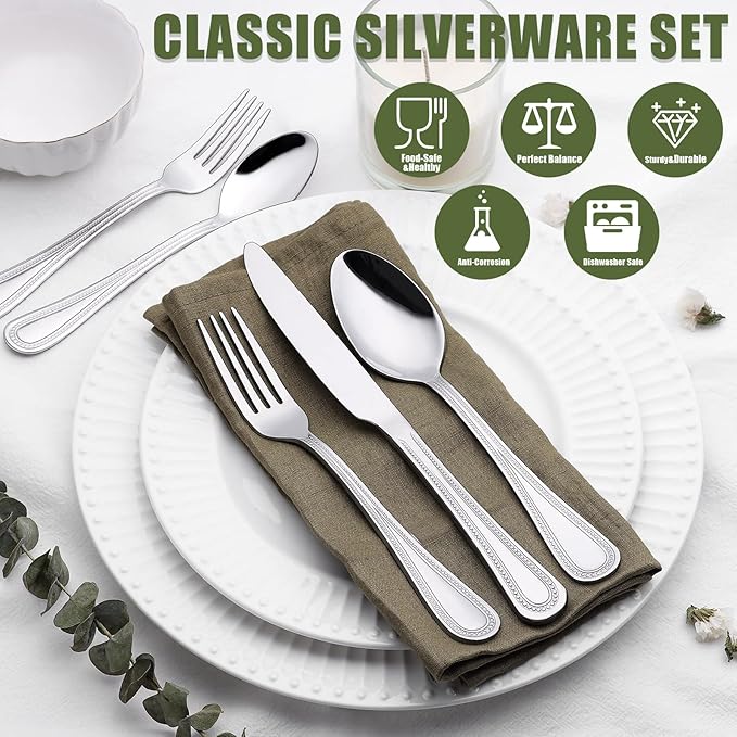 Terlulu 60-Piece Silverware Set for 12, Stainless Steel Flatware, Mirror Polished Cutlery Set, Utensils Include Spoons, Forks, Knives for Home, Restaurant, Beaded Handle, Dishwasher Safe