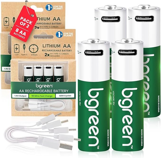 8 Pack USB C rechargeable AA Batteries - Rechargeable Lithium AA Batteries with 4-in-1 Charging Cable, 1.5V Output & 3400mWh High Capacity, LED Indicator, 90 Min Fast Charge with Upto 1200 Cycles