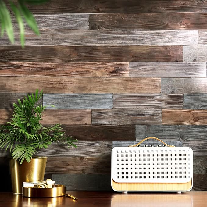Peel & Stick Real Wood Planks, Rustic Reclaimed Barn Wood Paneling, Brown Gray Combinations, 10.5 sq. ft