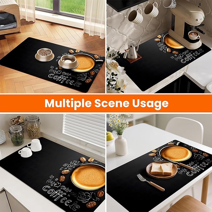 Coffee Mat 17"x32" - Extra Large Absorbent Non Slip Dish Drying Mat,Coffee Bar Accessories,Kitchen Counter Protector for Coffeemaker, Sink, Dining Decor