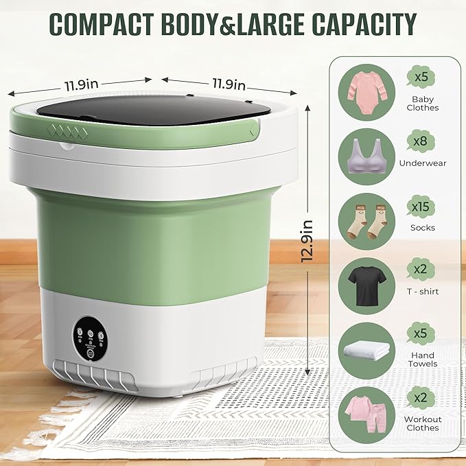 20L Foldable Portable Washing Machine, 45dB Ultra Quiet 3 Speed Mini Laundry Washer, No Installation Compact Underwear Clothes Washer for Travel RV Dorm Apartment Camping Home, Green