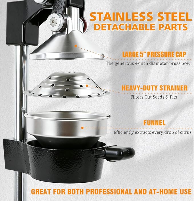 Juicer Manual Cast Iron Citrus Juicer, Heavy-Duty Orange Lemon Squeezer, Extra-Large Commercial Citrus Press, Easy to Clean with Bonus Stainless Steel Cup (Black)