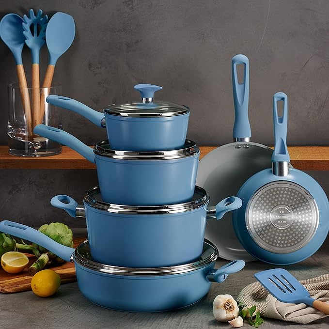 Tramontina Solara 14-Piece Ceramic Non Stick Cookware Set with Lids, Heavy-Gauge Aluminum Pots and Pans Kitchen Set with Nonstick Coating, Dishwasher and Oven Safe (Blue)