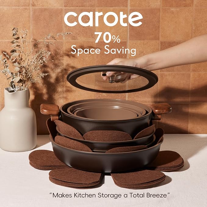 CAROTE 25pcs Ceramic Cookware Set, Pots and Pans Set with Detachable Handle | Non-Stick, Non-Toxic, PFAS and PFOA Free, Induction Compatible, Dishwasher & Oven Safe, Space Saving, Camping Cooking, Brown