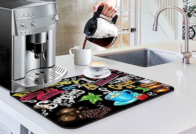 Coffee Bar mat Accessories for Countertop Absorbent Hide Stain Rubber Backed Dish Drying Mats for Kitchen Counter Draining Pad Decor Gift(20x12in)