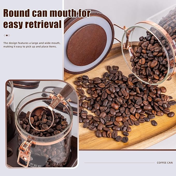 Glass Coffee & Sugar Canister Set, 2×45OZ Airtight Glass Storage Jars with Wooden Shelf and Scoop, Airtight Food Containers for Coffee Beans, Ground Coffee, Sugar and Tea（Rose Gold）