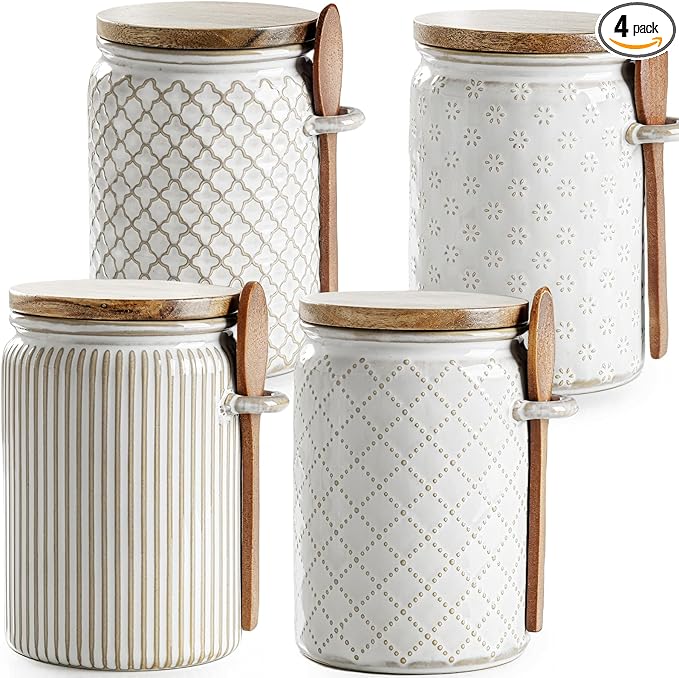 getstar Small Canisters Sets for the Kitchen, 20 oz Sugar Coffee Tea Storage Containers, Ceramic Kitchen Canisters for Countertop Set of 4 with Airtight Lids and Teaspoons