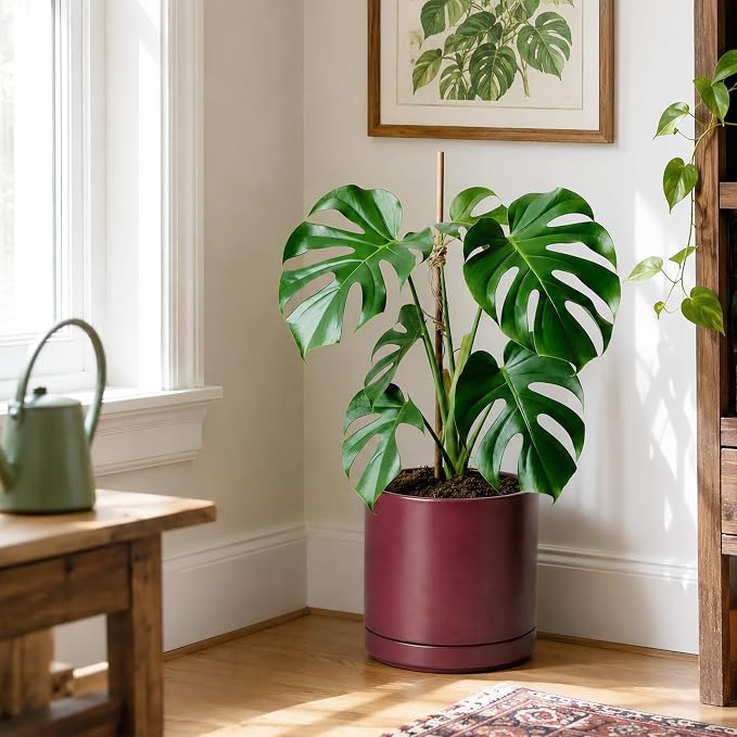 D'vine Dev 10 Inch Ceramic Planter Pot, Cordovan, 94-O-E-4 | Modern Cylinder Design, Drainage Hole & Saucer Included, Stable Structure, Elegant Home Accent