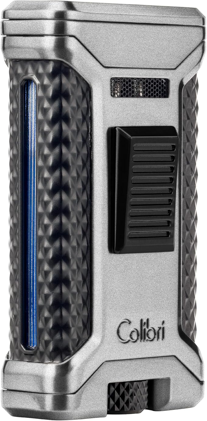 Colibri Ascari Triple Jet Torch Lighter, Windproof & Uses Butane Refill, Cigar Enthusiast's Choice with Integrated Punch, Blue Fuel Window, and Adjustable Flame (Charcoal + Black)