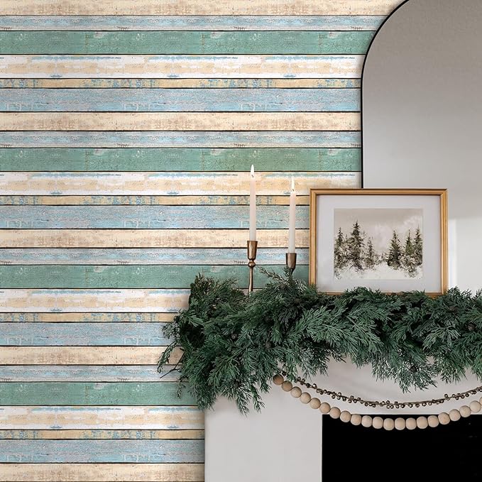 COMSTICKC Peel and Stick Faux Wood Wall Sticker Wall Panels, 10 Pcs of 12" x 12", Ultra-Light Thin PVC 3D Fake Wood Shiplap Self-Adhesive Wall Covering Wallpaper Interior Decor, Vintage Green