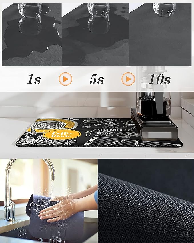 Coffee Bar mat Accessories for Countertop Absorbent Hide Stain Rubber Backed Dish Drying Mats for Kitchen Counter Draining Pad Decor Gift(20x12in)