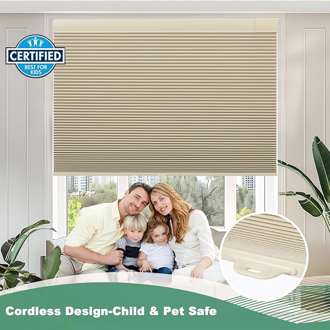 Tonature No Drill Cellular Shades for Indoor Windows, Thermal Insulating & Noise Reducing Honeycomb Blinds, Free Stop Cordless Blackout Shades, Beige,32 1/2" W x 80" H