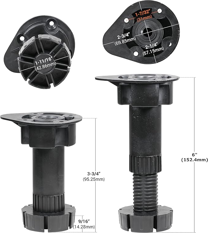 Rok Hardware Adjustable Furniture Legs, Cabinet Leg Levelers, Adjusts from 3-3/4" (95.25mm) to 6" (152.4mm) high - 4 Pack, Black ABS, R3301BLK