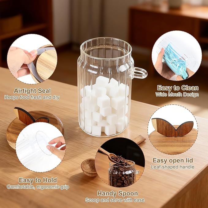 holoith 2 Pack Sugar Bowl Sugar Container 27oz Glass Jars with Bamboo Lid and Spoon, Airtight Food Storage Jar for Coffee Bar, Kitchen Canisters for Coffee Beans, Spice, Brown Sugars, Nuts, Candy