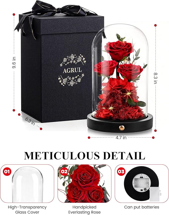 Agrul Mothers Day Flowers Roses Gifts for Mom,Forever Preserved Flower Rose in Glass Dome Fresh Flowers for Delivery Mothers Day Roses Gifts for Wife Women Mom Grandma from Daughter/Red Rose