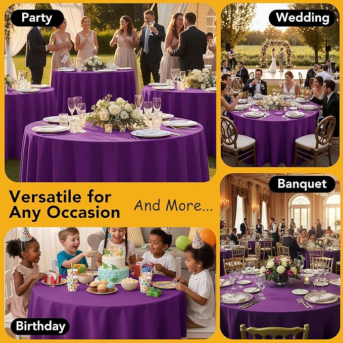 6-Pack Purple Round Tablecloths, 120 Inches, Stain-Resistant Polyester for 5-6 Ft Round Tables - Washable Table Covers for Weddings, Banquets, Birthday Parties, Events