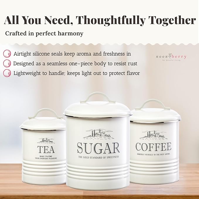 noonberry Kitchen Canisters for Countertop – 3-Piece Airtight Kitchen Canister Set – Sugar Coffee Tea Containers for Kitchen Counter – Cream-White Magnolia Finish