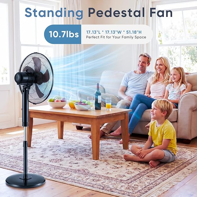 NEWBULIG 17" Pedestal Fan with Remote, 15H Auto Timer, Quiet Standing Fan for Bedroom, Living Room & Office, 3 Speeds, 3 Modes, Adjustable Height & 80° Oscillation