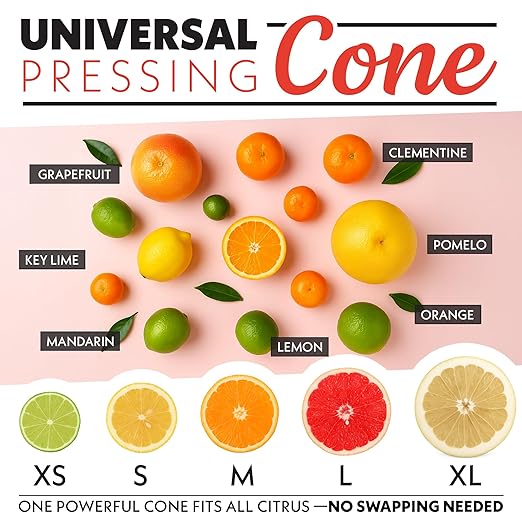 Gourmia Citrus Juicer - Automatic Juicer with 17 oz Capacity, One-Touch Operation, Universal Cone, Anti-Drip Spout, Dishwasher-Safe Accessories, Compact Quiet 60W Motor