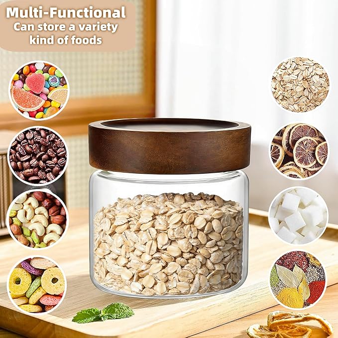 17 Fl oz/500 ml Glass Food Storage Jar, Premium Clear Glass Container Jar with Airtight Screw-on Wooden Lid, Kitchen Canisters for Coffee,Tea,Pasta,Cookies, Nuts,Spice,Candy,Overnight Oatmeal（Small)