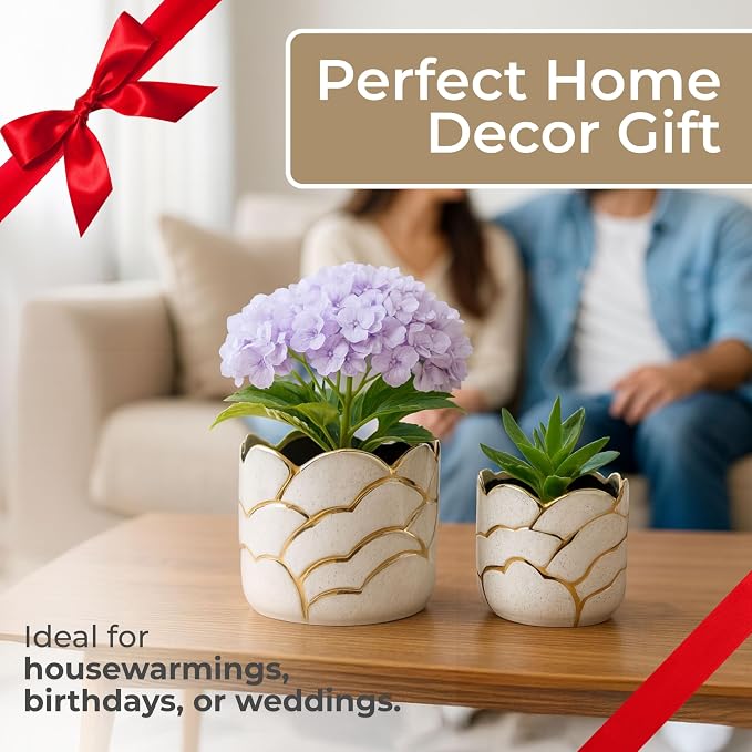 Modern Decorative Home Decor Planters for Flower Pots - Ideal for Indoor and Outdoor Plants for House Decor - Plant Pots for Garden Accent or Plant Stand Indoor - Set of 2, 7", 5", Ivory & Gold