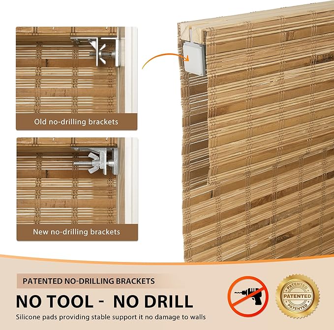 LazBlinds No Tools No Drill Cordless Bamboo Roman Shades, Light Filtering Window Treatment, Roll Up Bamboo Blinds for Windows 38'' W x 64'' H, Dali Native