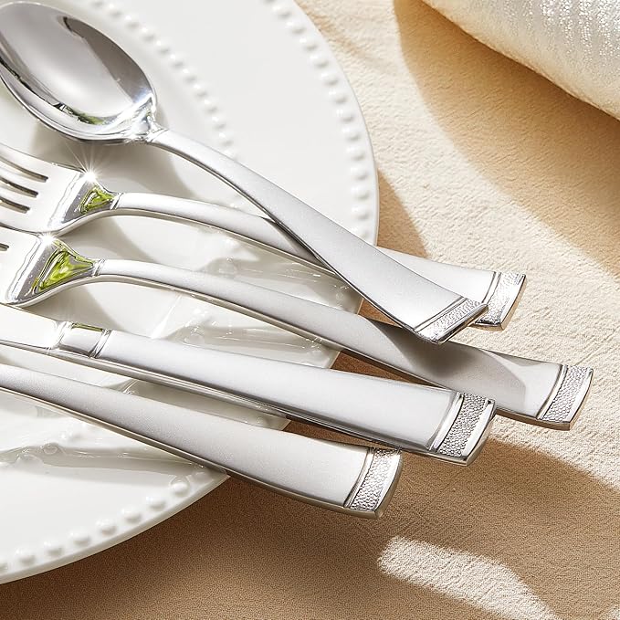 KINGSTONE Silverware Set, 65-Piece Flatware Set for 12, 18/10 Stainless Steel Cutlery Set with Bead Edge, Utensil for Kitchen, Home, Party, Wedding, Matte Silver, Dishwasher Safe, Featured Gifts