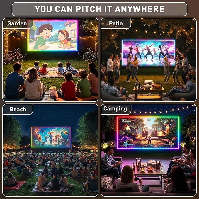 150 inch Projector Screen with Stand, USB String Lights Connection 16:9 4K HD Portable Movie Screen Indoor Outdoor,Wrinkle-Free Foldable Projection Screen for Home Theater Backyard, Office, Travel
