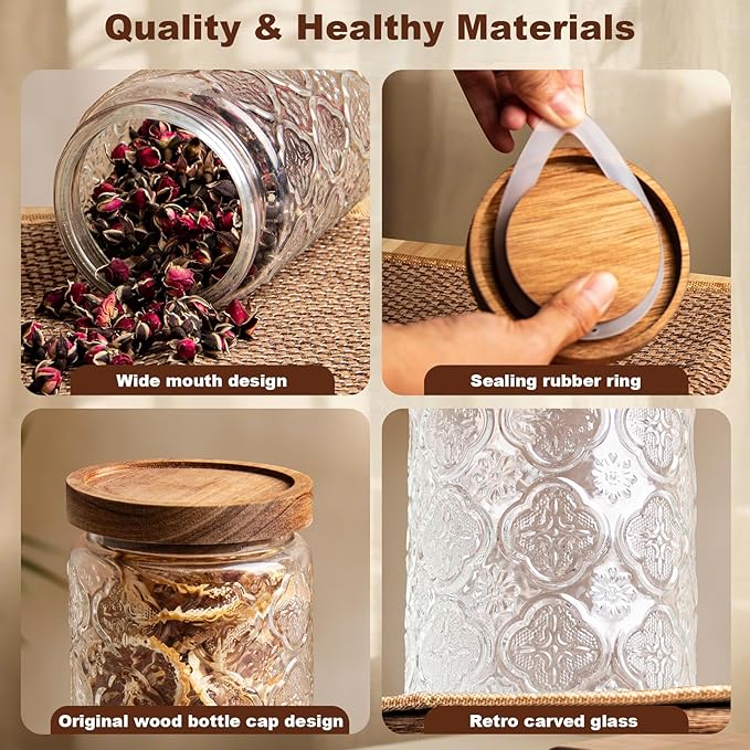 32Oz/3Pcs Glass Jar with Lid, Candy jar, Cute jar, Vintage Glass Storage Jar for Sugar, Coffee, Tea, Spice, Flour, Candy Cookie, Pasta, Cereal