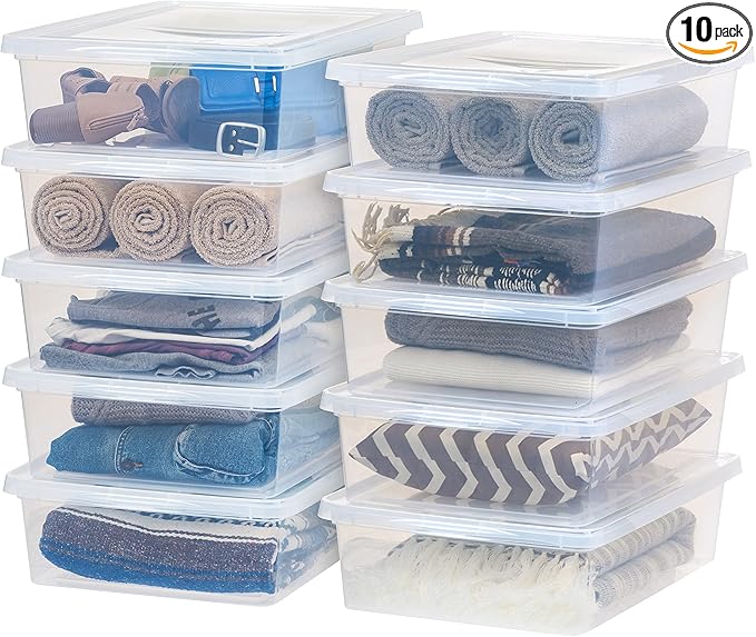 IRIS USA 10-Pack Storage Bins with Lids, 28 Quart, Shoe Boxes Clear Stackable Containers Organize Shoes Closet Shelves, Classroom Organization Teacher Tools, Game Storage - BPA-Free Plastic