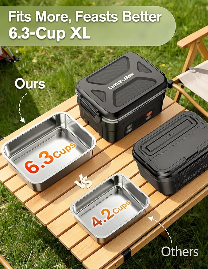 EAST OAK XL 6.3-Cup/1.5L Cordless Electric Lunch Box for adults, Heated Lunch Box Food Heater 220°F Stainless Steel Container for Work Outdoor, Black